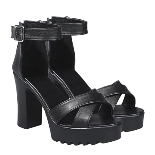 Ipetboom Damen High Heels Sandaletten mit Blockabsatz Offene Zehen Riemchensandalen Modisch und Robust für Party und Alltag Schwarz von Ipetboom