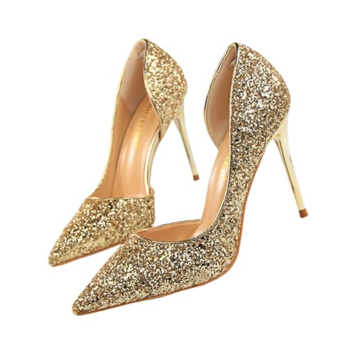 Ipetboom Damen High Heels mit Dünnem Stilettoabsatz Spitz Zulaufend und Flacher Schuhöffnung Glitzernde Pailletten Oberfläche Seitlich Ausgeschnitten für Modischen Look Goldene Farbe für von Ipetboom