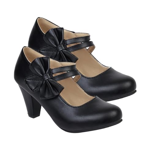 Ipetboom Damen High Heels mit Grobem Absatz und Schleife Pu Material rutschfeste Sohle Modische Pumps Komfortabel und Langlebig Vielseitig Kombinierbar Schwarz von Ipetboom