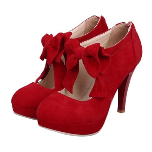 Ipetboom Damen High Heels mit Schleifenverzierung Runde Zehen Frühling Sommerschuhe rutschfeste Gummisohle Rote Pumps Komfortabel für Partys und Besondere Anlässe von Ipetboom