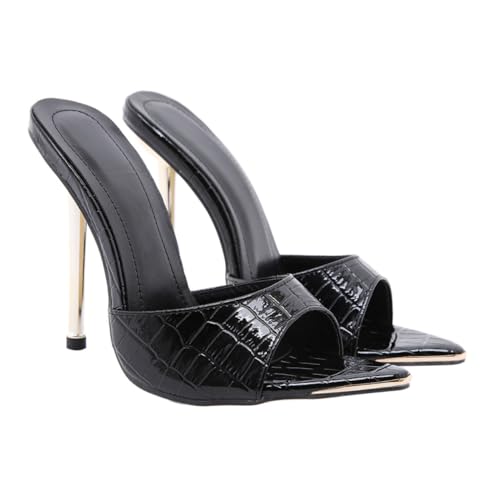Ipetboom Damen High heel Sandalen mit Spitzem Metallkopf Feinem Absatz Atmungsaktiv Modisch für Bankett und Outdoor Langlebig Schlanker Look Schwarz von Ipetboom