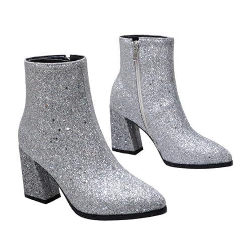 Ipetboom Damen Hohe Absatz Stiefeletten mit Glitzer und Zehenpartie Herbst Winter Hoof Heel Boots Komfortabel und Stylisch Silber Halbstiefel für Alltag und Party von Ipetboom