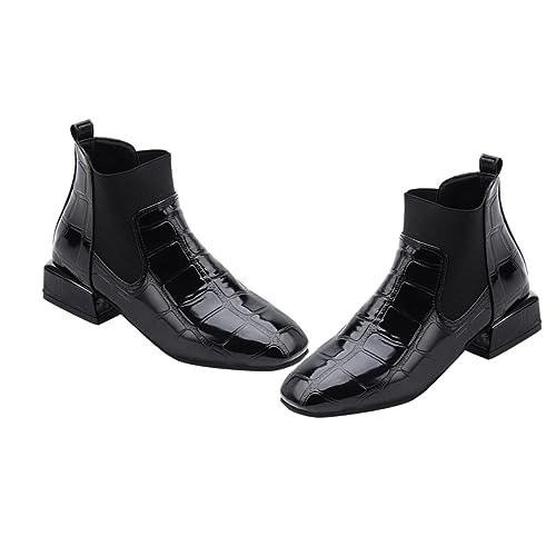 Ipetboom Damen Kurzstiefel aus Kunstleder mit Quadratischer Spitze Dicker Absatz Rutschfeste Sohle Bequeme Fütterung Boots für Alltag und Besondere Anlässe Schwarz von Ipetboom