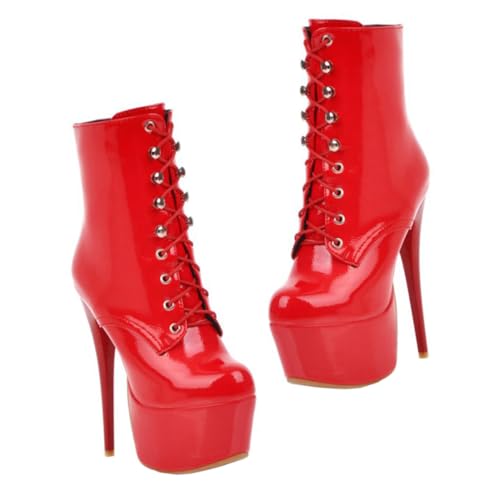 Ipetboom Damen Lackleder Kurzschaft Stiefeletten mit Schnürung und Hohem Absatz Atmungsaktive Rutschfeste Ankle Boots für Herbst Winter Damenschuhe für Jeans und Kleider von Ipetboom