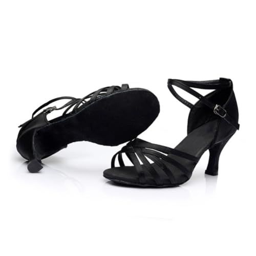 Ipetboom Damen Latin Sandalen High Heels Absatz Weiche Sohle Satin PU Schwarz Sommer Tanzschuhe Elegant Komfortabel von Ipetboom
