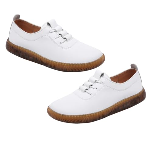 Ipetboom Damen Lederschuhe Weiß Flache Freizeit Halbschuhe Atmungsaktiv rutschfeste Sohlen Komfortable Alltagsschuhe Für Frühling Herbst von Ipetboom