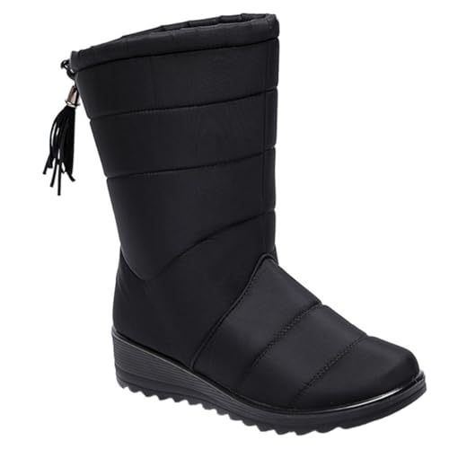 Ipetboom Damen Mid Tube Boots mit Quaste Wasserdichtes Obermaterial Rutschfeste Dicke Sohle Winterstiefel Warm Gefüttert für Herbst und Winter Schwarze Freizeitstiefel von Ipetboom