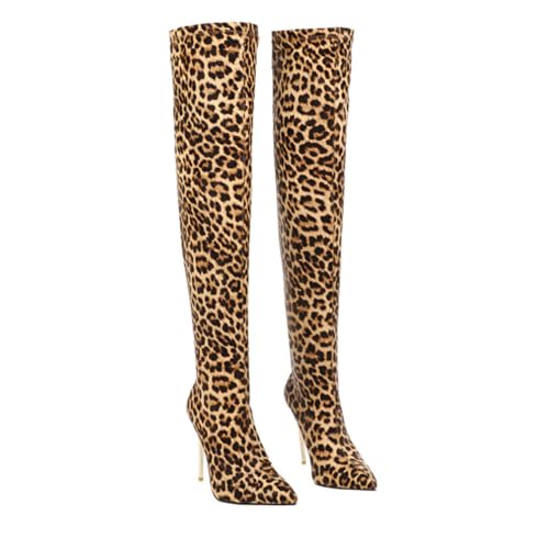 Ipetboom Damen Overknee Boots mit Dünnem Absatz Herbst Winter Langschaftstiefel Rutschfeste Gummisohle Warmes Design Stiefeletten für Kalte Tage Leopardenmuster von Ipetboom