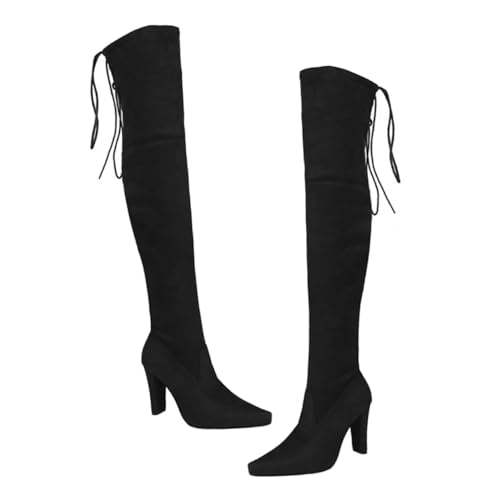 Ipetboom Damen Overknee Stiefel Schwarz Spitz Absatzstiefel Winterstiefel mit Dickem Absatz Modisch für Frauen und Mädchen Geeignet von Ipetboom