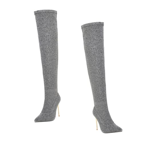 Ipetboom Damen Overknee Stiefel Silber Herbst Winter Hohe Stiefel mit Dünnem Absatz Atmungsaktive Innensohle Rutschfeste Sohle Warme Oberschenkelhohe Schuhe für Kalte Tage von Ipetboom