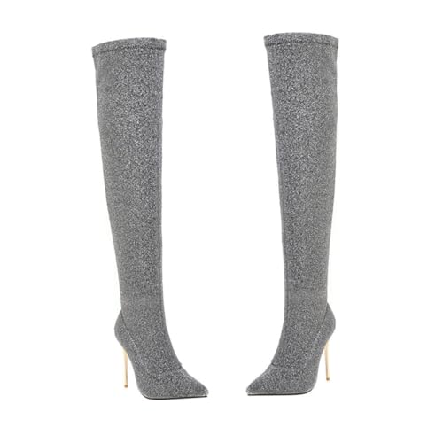 Ipetboom Damen Overknee Stiefel Silber Langschaft High Heels Herbst Winter Oberschenkel Hohe Stiefel mit Rutschfester Sohle Komfortable Warme Langschaftstiefel für Stil und von Ipetboom