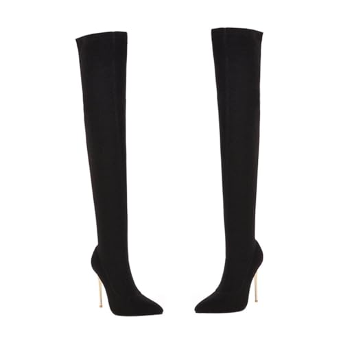Ipetboom Damen Overknee Stiefel mit Dünnem Absatz Kniehohe Langschaft Stiefel für Herbst Winter Rutschfeste Sohle Schmal Geschnitten Schwarz von Ipetboom