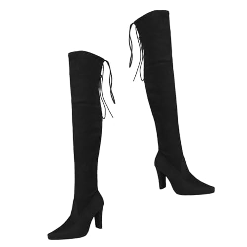 Ipetboom Damen Overknee Stiefel mit Hohem Stabilem Absatz Warme Herbst Winter Boots Spitze Zehen Eleganter Komfort für Alltag und Festliche Anlässe Schwarz von Ipetboom
