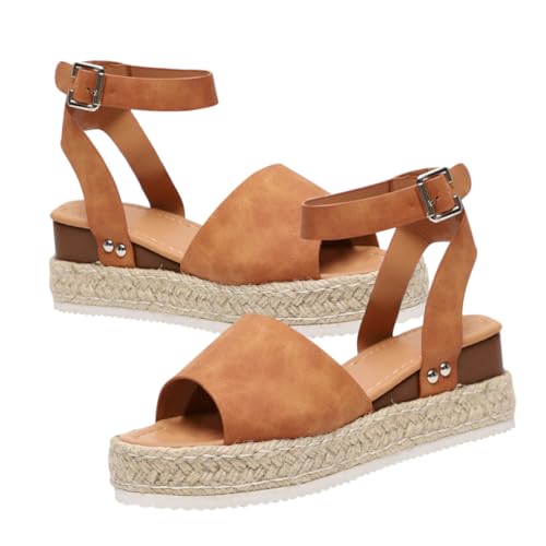 Ipetboom Damen Sandalen Sommer Flache Espadrilles Plateau Sandalen mit Dicker Sohle Geflochtene Flansch Bequeme Freizeit Schuhe für Strand und Alltag Braun von Ipetboom