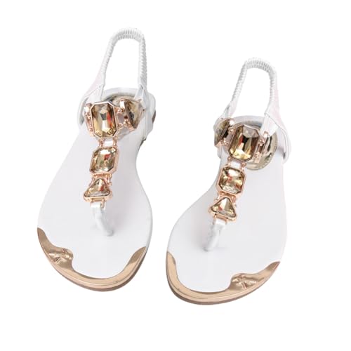 Ipetboom Damen Sandalen Weiß mit Strasssteinen Sommer Strand Schuhe Rutschfeste Flache Sohle Bequeme Fußbekleidung von Ipetboom