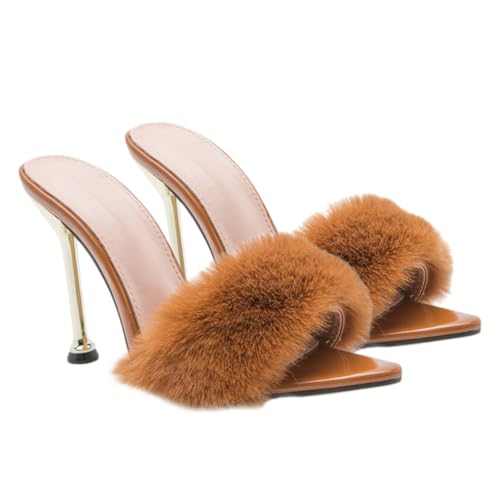 Ipetboom Damen Sandalen mit Dünnem Elektrobeschichtetem Absatz Flauschige Verzierungen High Heels Bequemes Design für Alltag und Party Geeignet zu Jeans Röcken Shorts Geschenkidee von Ipetboom