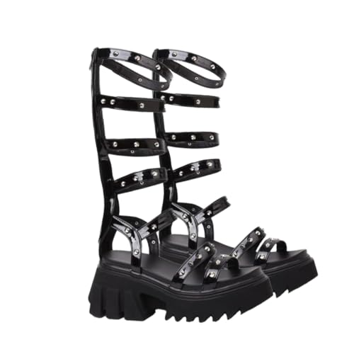 Ipetboom Damen Sandalen mit Klobigem Plateauabsatz Sommerliche Stylische High Heels mit Nieten und Verstellbarem Riemen Offene Zehen Schwarz Modische Freizeit und Party Schuhe von Ipetboom