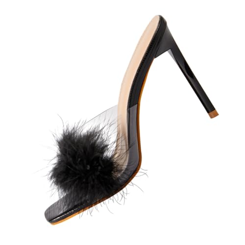 Ipetboom Damen Sandalen mit Quadratischer Spitze Dünnem Absatz und Flauschiger Dekoration Sommerliche High Heels Angenehm und Modisch für Alltag und Party Schwarz von Ipetboom
