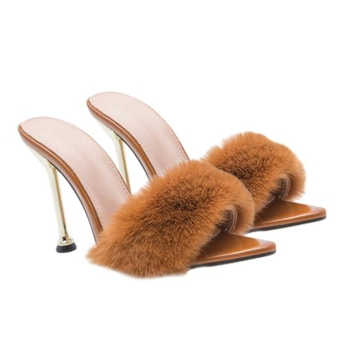 Ipetboom Damen Sandaletten mit Dünnem Hochglänzendem Absatz Flauschige Details Sommer Sandalen für Mädchen und Modisch Kaffee Farbton von Ipetboom