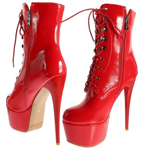 Ipetboom Damen Schnürstiefeletten Lackleder Kurzschaft Absatz Ankle Boots Elegant für Herbst Winter Dünne Absätze Atmungsaktiv und Rutschfest zu Jeans Röcken Kleidern von Ipetboom
