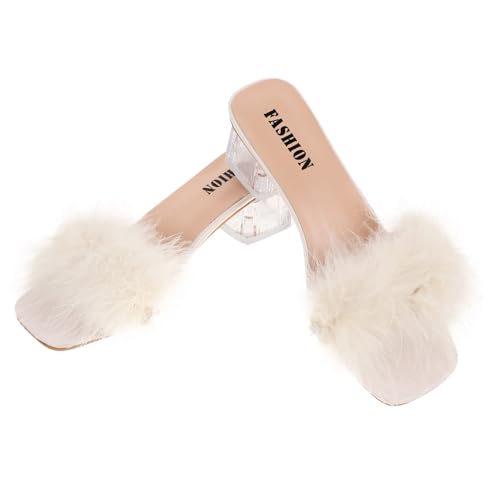 Ipetboom Damen Sommer Hausschuhe Wool Studded Open Toe Pantoletten mit Chunky Absatz Bequeme PU Rubber Slipper für Alltag Indoor Outdoor in Beige von Ipetboom