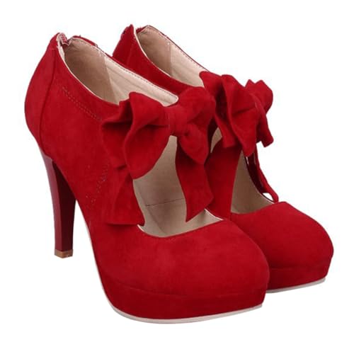 Ipetboom Damen Sommer High Heels mit Schleifenverzierung Runde Zehen Atmungsaktive Strapazierfähige Materialien Modische Rote Pumps Eleganter Absatz für Alltag und Party von Ipetboom