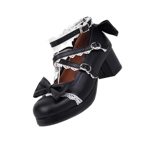 Ipetboom Damen Spitzen Schuhe mit Schleifen Mittelhoher Absatz Runde Zehen Stabile Dicke Sohle Atmungsaktiv und Angenehm Modisch und Langlebig Geeignet für Alltag und Shopping Schwarz von Ipetboom