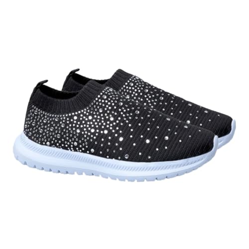 Ipetboom Damen Sportschuhe mit Strassverzierung Atmungsaktive Leichte Mesh Sneaker rutschfeste Sohlen Bequeme Langlebige Freizeitschuhe für Sport und Alltag Schwarz von Ipetboom