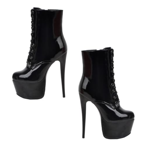 Ipetboom Damen Stiefeletten aus Glänzendem Lackleder Schnürbar mit Dünnem Absatz Kurze High Heel Boots für Herbst und Winter Passend zu Jeans Röcken und Kleidern Schwarz von Ipetboom
