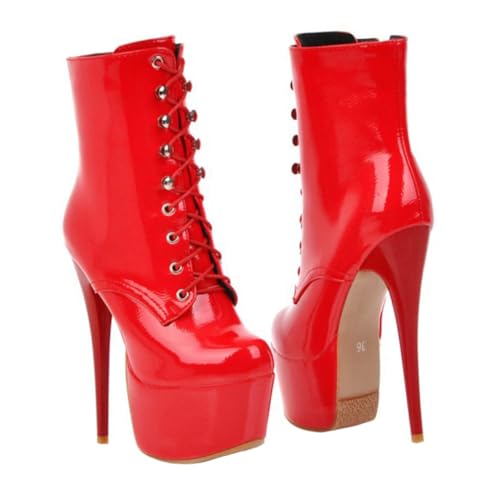 Ipetboom Damen Stiefeletten aus Lackleder mit Schnürung Hochhackige Kurze Boots Modisch Dünner Absatz Passend zu Jeans Röcken und Kleidern Komfortabel und Rutschfest Herbst Winter von Ipetboom