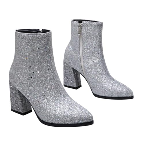 Ipetboom Damen Stiefeletten mit Absatz Silberne Kurze Winterboots mit Glitzereffekt Seitlichem Reißverschluss Spitze Zehenpartie Rutschfeste Gummisohle Bequemes Tragegefühl von Ipetboom
