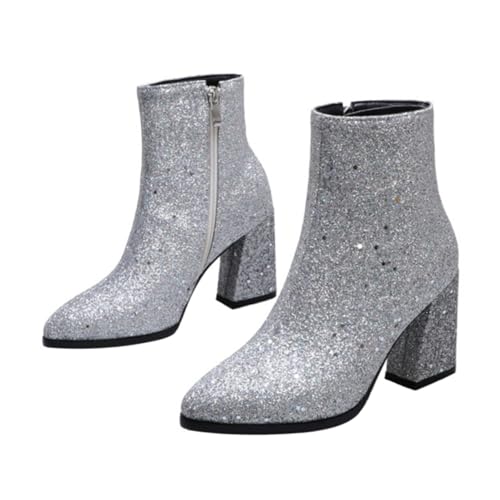 Ipetboom Damen Stiefeletten mit Absatz Silberne Pailletten Spitze Zehen Hoher Marschstiefelabsatz Atmungsaktiv Langlebig mit Seitlichem Reißverschluss Modisch für Herbst und Winter von Ipetboom