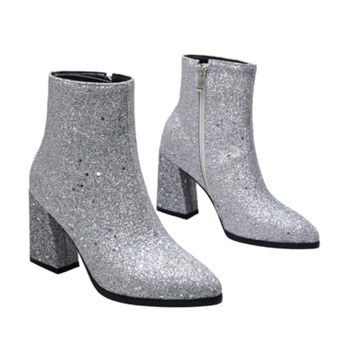 Ipetboom Damen Stiefeletten mit Pailletten und Spitzem Zehenbereich Herbst Winter Kurzstiefel mit Hohem Absatz Komfortabel Atmungsaktiv Rutschfeste Sohle Ankle Boots für Frauen von Ipetboom