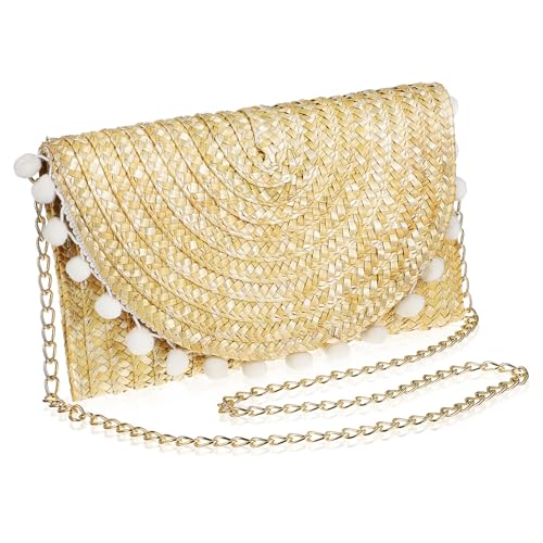 Ipetboom Damen Strohtasche Handgefertigt mit Fellbommel Boho Umhängetasche Schultertasche Casual Strandtasche für Reisen Alltag von Ipetboom