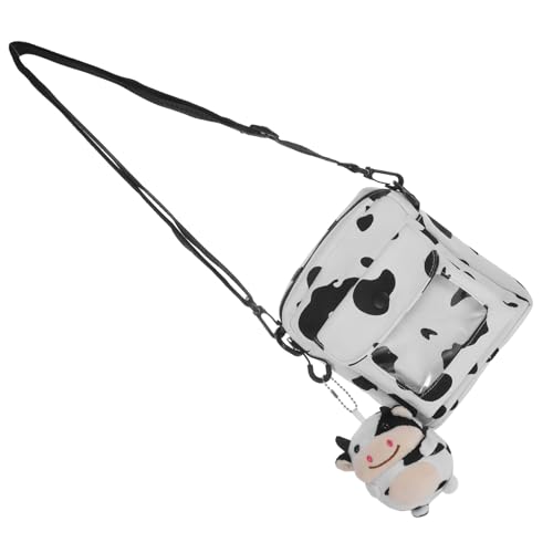 Ipetboom Einzigartige Damen Umhängetasche mit Niedlichem Kuhmuster Canvas Crossbody Bag mit Modischem Anhänger Leichte Schultertasche für Alltag Shopping und Partys Vielseitig Kombinierbar von Ipetboom