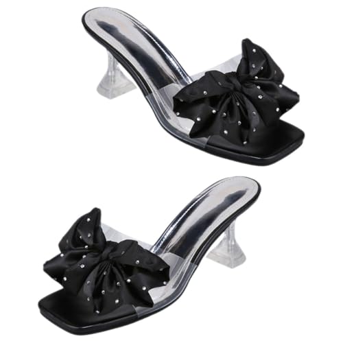 Ipetboom Elegante Mules Heels Damen Absatz Sommer Pantoletten mit Schleife Offene Slide Slippers Modische Bequeme High Heels für Büro Outdoor und Besondere Anlässe Schwarz von Ipetboom