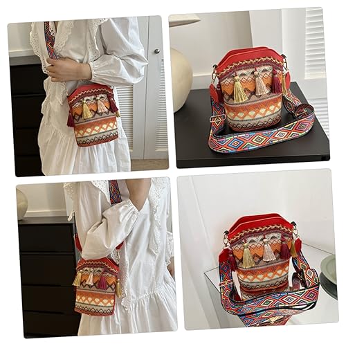 Ipetboom Ethnische Schultertasche Damen Bucket Bag mit Stickerei Praktische Umhängetasche für Reisen und Shopping Stilvolle Crossbody Tasche Rot Langlebiges Stoffmaterial Vielseitig von Ipetboom