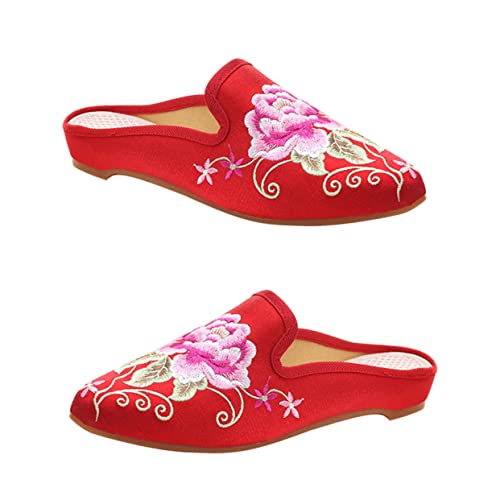 Ipetboom Ethnische Stickslipper Damen Spitz Casual Hausschuhe Leicht Atmungsaktiv Rutschfest Rot von Ipetboom