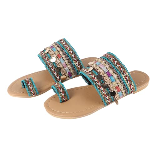 Ipetboom Flache Damen Sandalen Sommer Bohemian Slippers mit Stabilem Absatz Rutschfester Sohle Elastischem Obermaterial für Strand Urlaub Freizeit Bequem für Lange Spaziergänge Hellgrün von Ipetboom