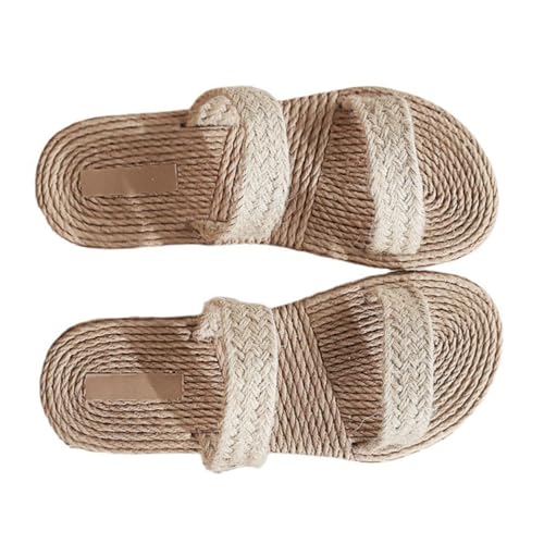 Ipetboom Flache Damen Strohsandalen mit Geflochtener Sohle Atmungsaktive Leichte Strandpantoletten Bequeme Slipper für Alltag Urlaub Freizeit und Strand Natürliche Sandalen in Beige von Ipetboom