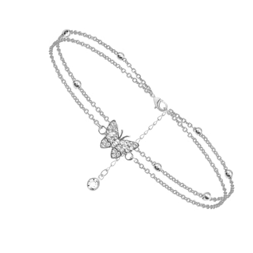 Ipetboom Flashing Rhinestone Doppel Layer Fußkettchen mit Schmetterling Anhänger Zarte Knöchel Schmuck Leicht Hautfreundlich Elegantes Design für Sommer und Alltag Geschenkidee für Damen von Ipetboom