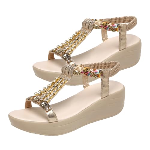 Ipetboom Goldene Sandalen Damen Wedges mit Wassersteinbesatz Mittelhoher Absatz Rutschfeste Slipsole für Sommer Strand Party und Alltag Langlebiges Material von Ipetboom