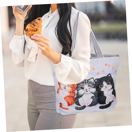 Ipetboom Große Damen Schultertasche mit Besticktem Katzenmotiv Leichte Tote Bag für Schule Alltag und Shopping Vielseitige Umhängetasche mit Geräumigem Innenfach Modisch und Tragbar von Ipetboom