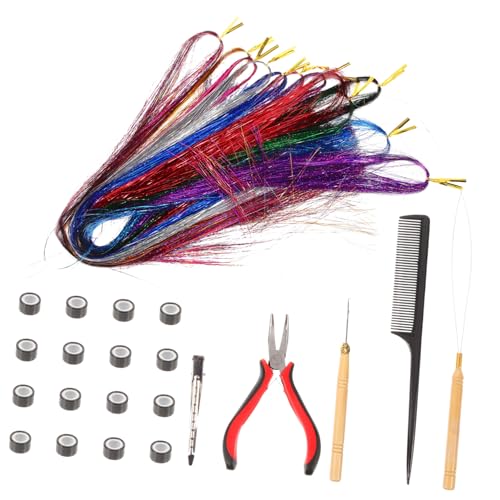 Ipetboom Haar Tinsel Extensions Farbiges Lametta Strähnen Kit mit Silikonverschlüssen Holzgriff Häkelnadel für Cosplay Party Fotografie Haarverlängerung Zubehör von Ipetboom