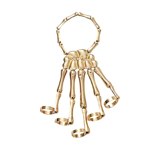 Ipetboom Halloween Gothic Skull Fingers Armband mit Ring Goldfarbenes Metall Skelett Finger Schmuck für Frauen Dramatisches Handkettchen für Kostüme und Partyaccessoire von Ipetboom