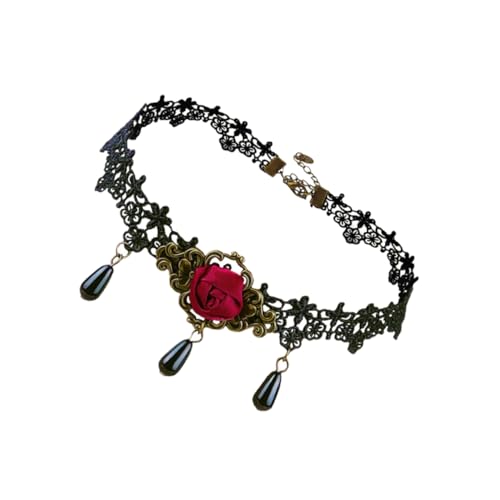 Ipetboom Halskette mit Schwarzen Spitzen Roter Rosenverzierung und Kristallperlen Kurzer Halloween Schmuck für Damen Eleganter Festival Look für Cosplay und Maskerade von Ipetboom