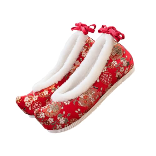 Ipetboom Handbestickte Hanfu Schuhe Damen Flache Baumwollschuhe mit Verstecktem Absatz Rote Traditionelle Chinesische Stoffschuhe Stilvolle Retro Slipper für Alltag und Fest von Ipetboom