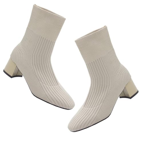 Ipetboom Herbst Damen Stiefeletten mit Grobem Absatz Gestricktes Obermaterial Quadratische Spitze Bequeme Chunky Heel Boots für Alltag und Freizeit Stylische Damen Schuhe Beige von Ipetboom