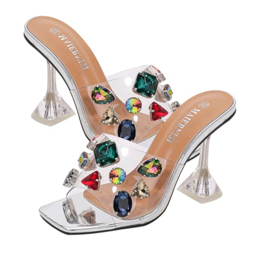 Ipetboom High Heel Sandalen Damen mit Riemchenverschluss Modische Sommer Schuhe mit Rutschfester Sohle Silberne Strass Verzierung Komfortabel für Partys Büro und Besondere Anlässe von Ipetboom