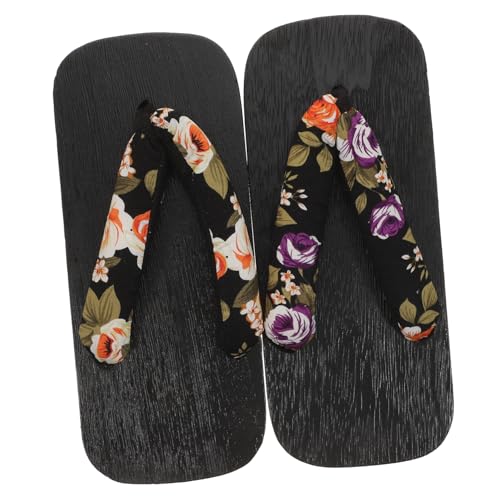 Ipetboom Japanische Clogs Holzsandalen Damen Herren Platform Sandalen Sommer Flip Flops Bequeme Casual Pantoletten mit Blumenmuster Schwarz Holz Zweizähnig Slip für Freizeit und Alltag von Ipetboom